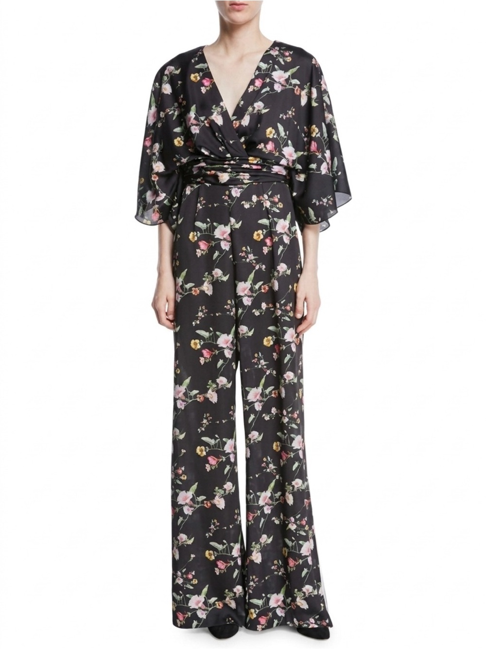 THEIA Couture Floral Wide Leg Jumpsuit V-Neck Pleated Event Sample Size 4 / S